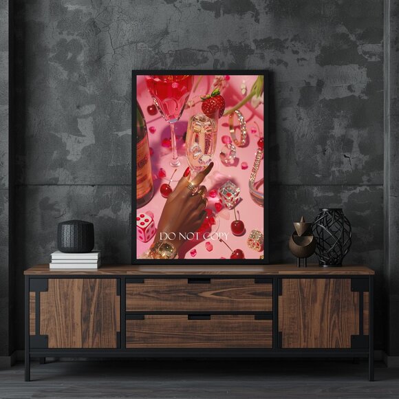Abstract Whiskey Art Print 11x17 - Red & Pink Modern Art in Black Frame - Picture 3 of 8